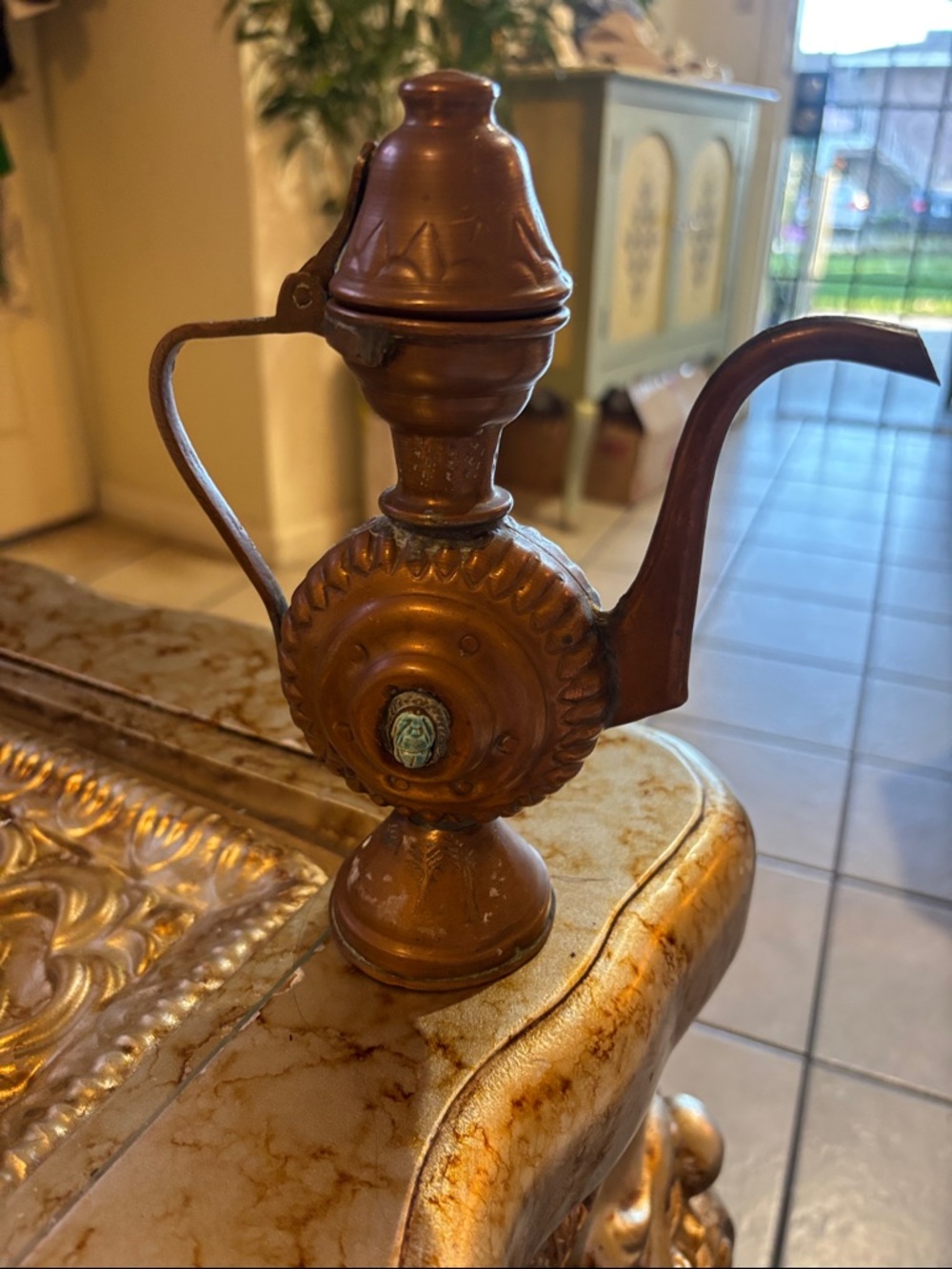 Antique-Style Ornate Decorative Teapot Figurine - Copper Tone